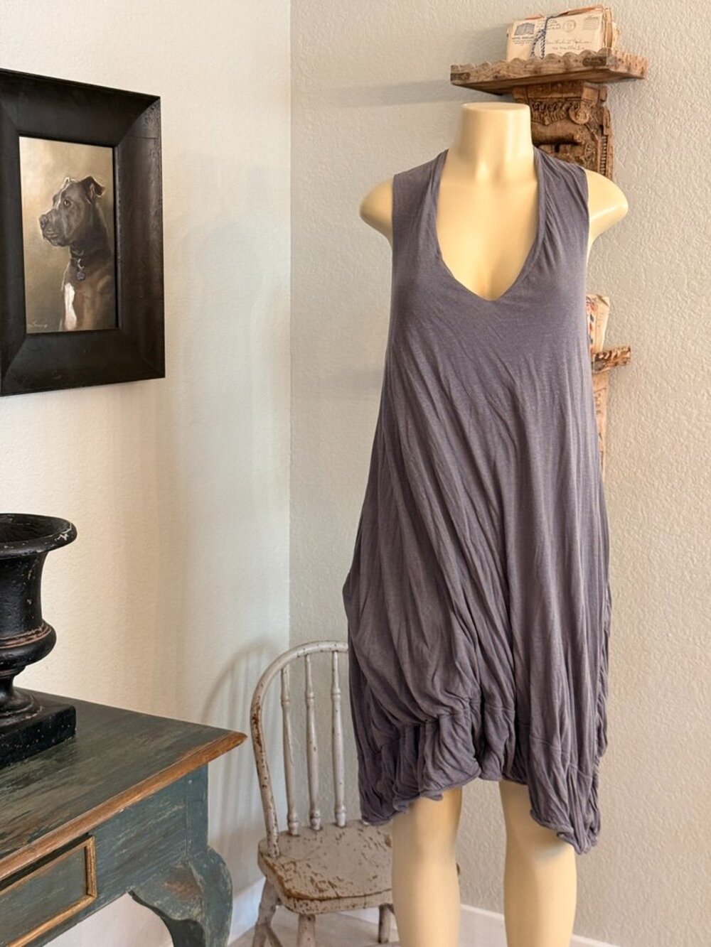 LIVIANA CONTI Deep plunge neckline sleeveless knee length flax blend DRESS